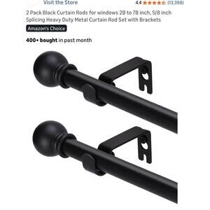2 Pack Black Metal Curtain Rods with Brackets 28 to 78 inch, 5/8 inch Diameter